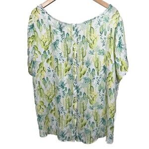 Torrid‎ Top 2 Short Sleeve Cactus Georgette Blouse Button Back White Green 2X